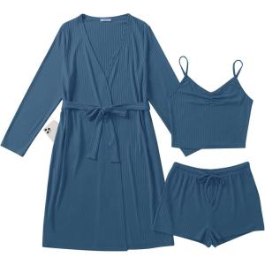 image:imageEkouaer Rib Knit Pajamas Set for Women 3 Piece Lounge Sets Soft Cami and Shorts Pjs with Cardigan Loungewear SXXLDark Blue2
