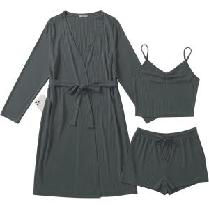 image:imageEkouaer Rib Knit Pajamas Set for Women 3 Piece Lounge Sets Soft Cami and Shorts Pjs with Cardigan Loungewear SXXLDark Grey2