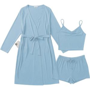 image:imageEkouaer Rib Knit Pajamas Set for Women 3 Piece Lounge Sets Soft Cami and Shorts Pjs with Cardigan Loungewear SXXLLight Blue2