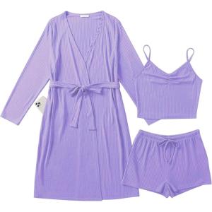 image:imageEkouaer Rib Knit Pajamas Set for Women 3 Piece Lounge Sets Soft Cami and Shorts Pjs with Cardigan Loungewear SXXLPurple2
