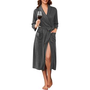image:imageEkouaer Robes for Women Long Waffle Knit Bathrobe Lightweight Kimono Robe Soft Shawl Collar Spa Robes with Pockets SXXLDark GraySmall Waffle