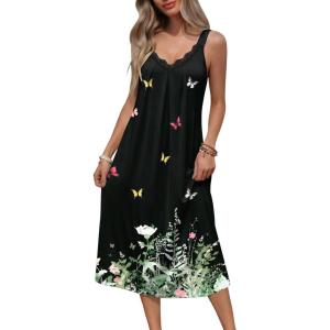 image:imageEkouaer Sleeveless Nightgowns for Women Lace Vneck Long Nightdress Wide Strap Sleepwear Soft Lounge DressesBlack Butterfly