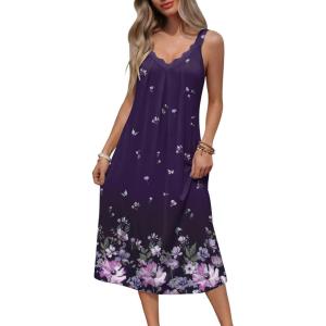 image:imageEkouaer Sleeveless Nightgowns for Women Lace Vneck Long Nightdress Wide Strap Sleepwear Soft Lounge DressesPurple Floral