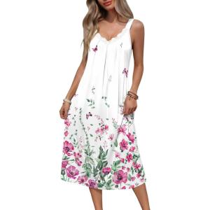 image:imageEkouaer Sleeveless Nightgowns for Women Lace Vneck Long Nightdress Wide Strap Sleepwear Soft Lounge DressesWhite Floral