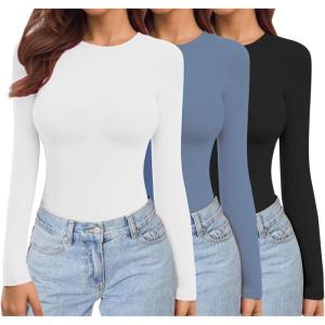 image:imageEkouaer Womens 3 Pack Long Sleeve Shirts Crew Neck Stretch Fitted Underscrubs Trendy Basic Tops Lightweight Thermal TeeBlackDusty BlueWhite
