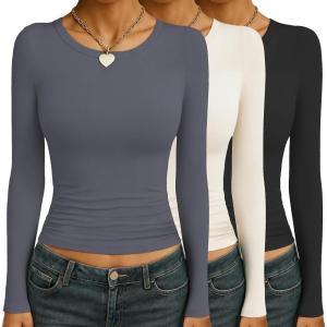 image:imageEkouaer Womens 3 Pack Long Sleeve Shirts Ruched Side Fitted Undershirts Round Neck Underscrubs Thermal Tops XSXXLBeigeGreyBlack