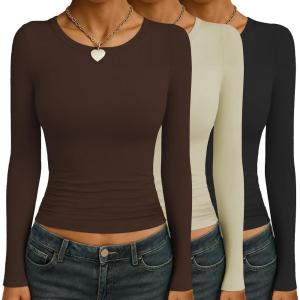 image:imageEkouaer Womens 3 Pack Long Sleeve Shirts Ruched Side Fitted Undershirts Round Neck Underscrubs Thermal Tops XSXXLBlackBrownKhaki