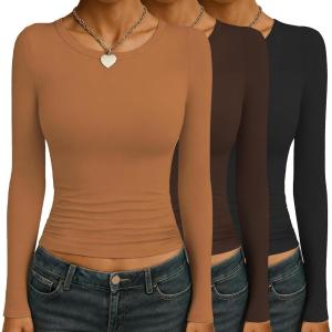 image:imageEkouaer Womens 3 Pack Long Sleeve Shirts Ruched Side Fitted Undershirts Round Neck Underscrubs Thermal Tops XSXXLBrownCaramelBlack