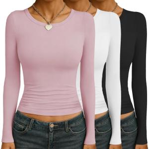 image:imageEkouaer Womens 3 Pack Long Sleeve Shirts Ruched Side Fitted Undershirts Round Neck Underscrubs Thermal Tops XSXXLPinkWhiteBlack