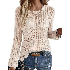 image:imageEkouaer Womens Crochet Cover up Top Hollow Out Floral Beach Cover ups 2026 Summer Sweater Vacation Cruise Outfits S2XLBeige