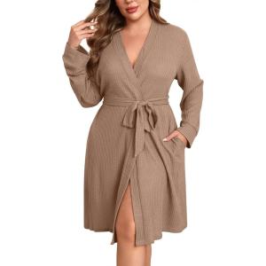 image:imageEkouaer Womens Plus Size Robe Waffle Knit Bathrobe Short Lightweight Kimono Robes with Pockets Ladies Loungewear 1x5x