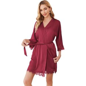 image:imageEkouaer Womens Silk Robe Short Lace Trim Satin Robe 34 Sleeve Sexy Kimono Bride Robe Comfy Sleepwear with PocketsWine Red