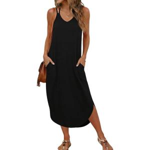 image:imageEkouaer Womens Swimsuit Beach Cover Up Dress Spaghetti Strap V Neck Swimwear A Line 2026 Bathing Suit Coverups with PocketsBlack