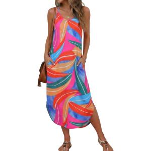 image:imageEkouaer Womens Swimsuit Beach Cover Up Dress Spaghetti Strap V Neck Swimwear A Line 2026 Bathing Suit Coverups with PocketsMulticolor Leaves