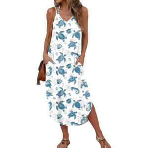 image:imageEkouaer Womens Swimsuit Beach Cover Up Dress Spaghetti Strap V Neck Swimwear A Line 2026 Bathing Suit Coverups with PocketsWhite Sea Turtles