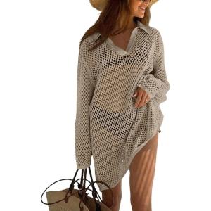 image:imageEkouaer Womens Swimsuit Cover Ups Sexy Crochet Swim Coverup Long Sleeve Bathing Suit Summer Vacation OutfitsKhaki