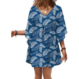 image:imageEkouaer Womens Swimsuit Coverup 2026 Sheer Chiffon Floral Print Sexy Bathing Suit Cover Up Swimwear BeachwearBlue White Leaf