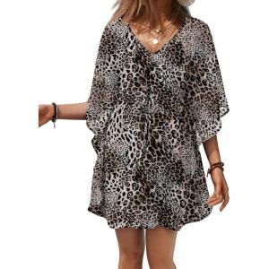 image:imageEkouaer Womens Swimsuit Coverup 2026 Sheer Chiffon Floral Print Sexy Bathing Suit Cover Up Swimwear BeachwearLeopard