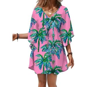 image:imageEkouaer Womens Swimsuit Coverup 2026 Sheer Chiffon Floral Print Sexy Bathing Suit Cover Up Swimwear BeachwearPink Coconut Tree