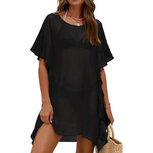 image:imageEkouaer Womens Swimsuit Coverup Chiffon Floral Bathing Suit Cover Up Ruffled Summer Beachwear Bikini Coverups S3XLBlack