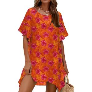 image:imageEkouaer Womens Swimsuit Coverup Chiffon Floral Bathing Suit Cover Up Ruffled Summer Beachwear Bikini Coverups S3XLFloral Orange