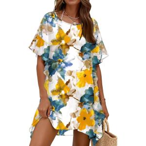 image:imageEkouaer Womens Swimsuit Coverup Chiffon Floral Bathing Suit Cover Up Ruffled Summer Beachwear Bikini Coverups S3XLFloral Yellow