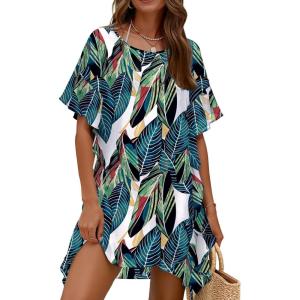 image:imageEkouaer Womens Swimsuit Coverup Chiffon Floral Bathing Suit Cover Up Ruffled Summer Beachwear Bikini Coverups S3XLLeaf Green