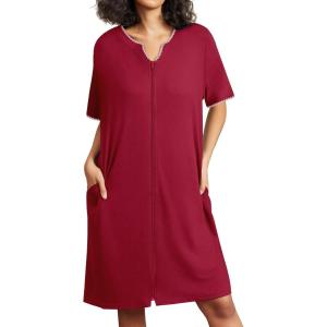 image:imageEkouaer Zipper Robes for Women Short Sleeve House Coats Lightweight Bathrobe Nightgowns with Pockets S3XLWine Red With Pink New