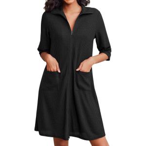 image:imageEkouaer Zipper Robes for Women Waffle Knit Bathrobes Short Lightweight Knee Length Loungewear with Pockets SXXLBlack