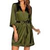 image:imageEkouaer Womens LaceTrim Silk Robes Bride Bridesmaid Kimono Satin Bathrobe V Neck Sleepwear with 34 Sleeve Army Green