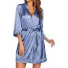 image:imageEkouaer Womens LaceTrim Silk Robes Bride Bridesmaid Kimono Satin Bathrobe V Neck Sleepwear with 34 Sleeve Cobalt Blue