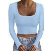 image:imageEkouaer Womens Long Sleeve Square Neck Crop Top Ribbed Slim Fitted Going Out Y2K Tops Casual Basic Shirts TeeLight Blue
