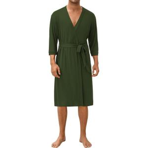 image:imageEkouaer Mens Lightweight Kimono Spa Robe Knit Bathrobe Soft Sleepwear 34 Sleeve Loungewear with Pockets SXXLArmy Green