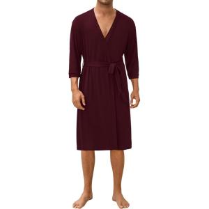 image:imageEkouaer Mens Lightweight Kimono Spa Robe Knit Bathrobe Soft Sleepwear 34 Sleeve Loungewear with Pockets SXXLDark Red