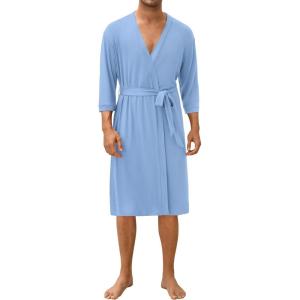 image:imageEkouaer Mens Lightweight Kimono Spa Robe Knit Bathrobe Soft Sleepwear 34 Sleeve Loungewear with Pockets SXXLLight Blue