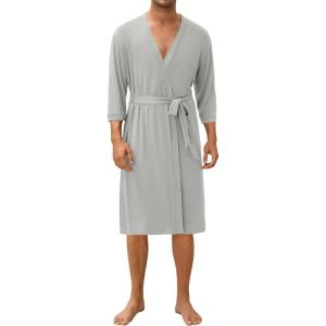 image:imageEkouaer Mens Lightweight Kimono Spa Robe Knit Bathrobe Soft Sleepwear 34 Sleeve Loungewear with Pockets SXXLLight Grey