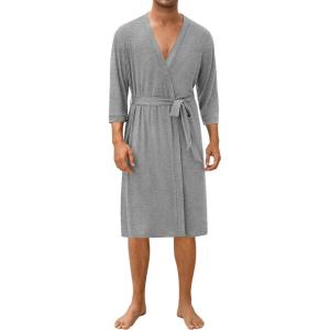 image:imageEkouaer Mens Lightweight Kimono Spa Robe Knit Bathrobe Soft Sleepwear 34 Sleeve Loungewear with Pockets SXXLMixed Light Gray