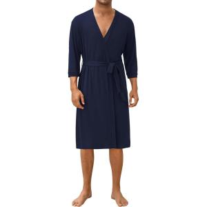 image:imageEkouaer Mens Lightweight Kimono Spa Robe Knit Bathrobe Soft Sleepwear 34 Sleeve Loungewear with Pockets SXXLNavy Blue