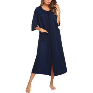 image:imageEkouaer Robe for Women Zipper front Robes 34 Sleeve House Dress with Pockets Full Length Nightgown HousecoatNavy BlueXXXL