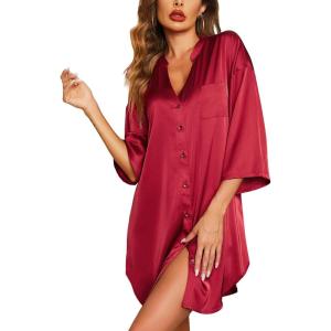 image:imageEkouaer Satin Nightgowns for Women Silk Sleepwear Button Down Sleepshirt 34 Sleeve VNeck Nightshirts with Pockets01 Wine Red