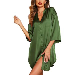 image:imageEkouaer Satin Nightgowns for Women Silk Sleepwear Button Down Sleepshirt 34 Sleeve VNeck Nightshirts with PocketsArmy Green