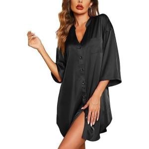 image:imageEkouaer Satin Nightgowns for Women Silk Sleepwear Button Down Sleepshirt 34 Sleeve VNeck Nightshirts with PocketsBlack