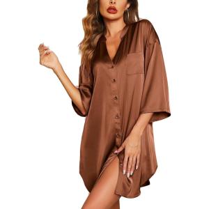 image:imageEkouaer Satin Nightgowns for Women Silk Sleepwear Button Down Sleepshirt 34 Sleeve VNeck Nightshirts with PocketsBrown