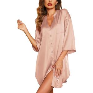 image:imageEkouaer Satin Nightgowns for Women Silk Sleepwear Button Down Sleepshirt 34 Sleeve VNeck Nightshirts with PocketsDark Pink