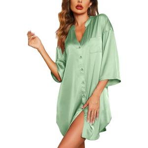 image:imageEkouaer Satin Nightgowns for Women Silk Sleepwear Button Down Sleepshirt 34 Sleeve VNeck Nightshirts with PocketsLight Green