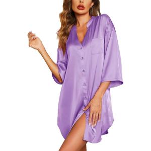 image:imageEkouaer Satin Nightgowns for Women Silk Sleepwear Button Down Sleepshirt 34 Sleeve VNeck Nightshirts with PocketsLight Purple