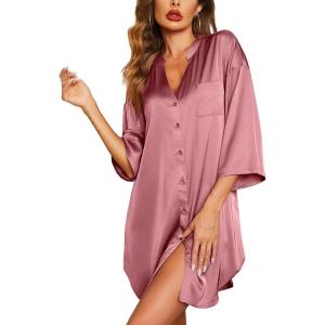 image:imageEkouaer Satin Nightgowns for Women Silk Sleepwear Button Down Sleepshirt 34 Sleeve VNeck Nightshirts with PocketsPurple Red