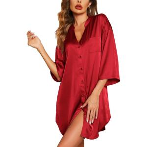 image:imageEkouaer Satin Nightgowns for Women Silk Sleepwear Button Down Sleepshirt 34 Sleeve VNeck Nightshirts with PocketsRed