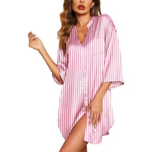 image:imageEkouaer Satin Nightgowns for Women Silk Sleepwear Button Down Sleepshirt 34 Sleeve VNeck Nightshirts with PocketsStriped Pink