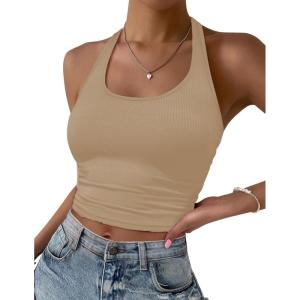image:imageEkouaer Women Halter Top Backless Scroop Neck Slim Stretchy Ribbed Knit Camisole Crop Tops SXXLBeige